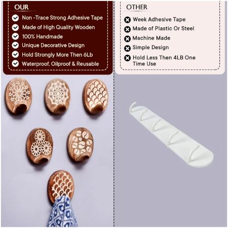 Wooden Brown Floral Sticky Hook for Wall- Pack of 6